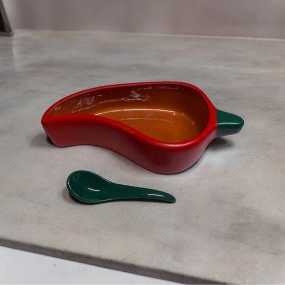 Red Chili Pepper Dip Bowl And Spoon Dish Clay Art Hand Painted Salsa Bowl - Picture 1 of 14